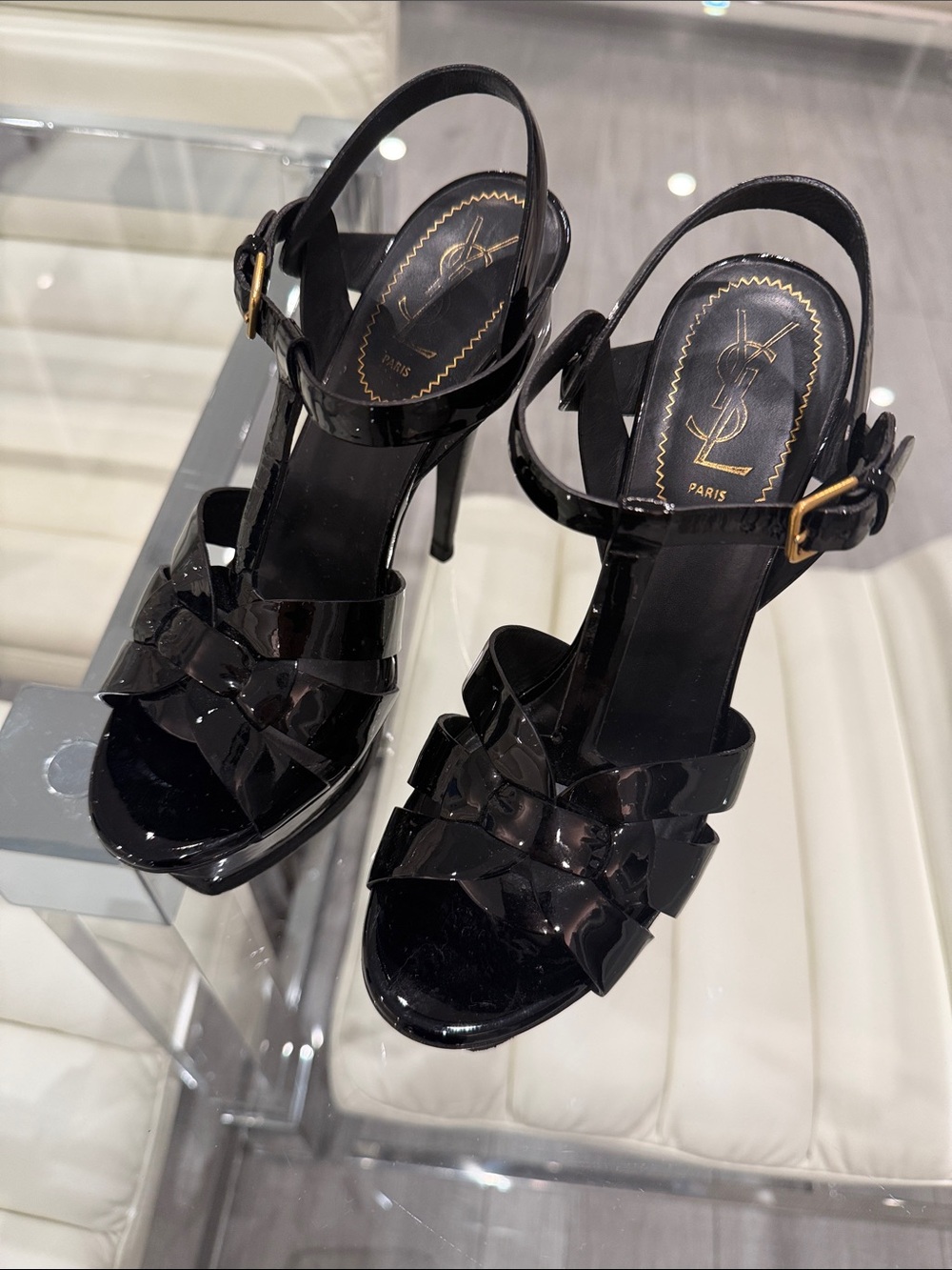 Saint Laurent Black Patent Leather Braided T-Strap Heel Sandals